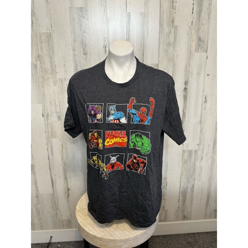 Marvel Comics Superhero Grid Graphic T-Shirt Mens XL Heather Charcoal Grey Tee